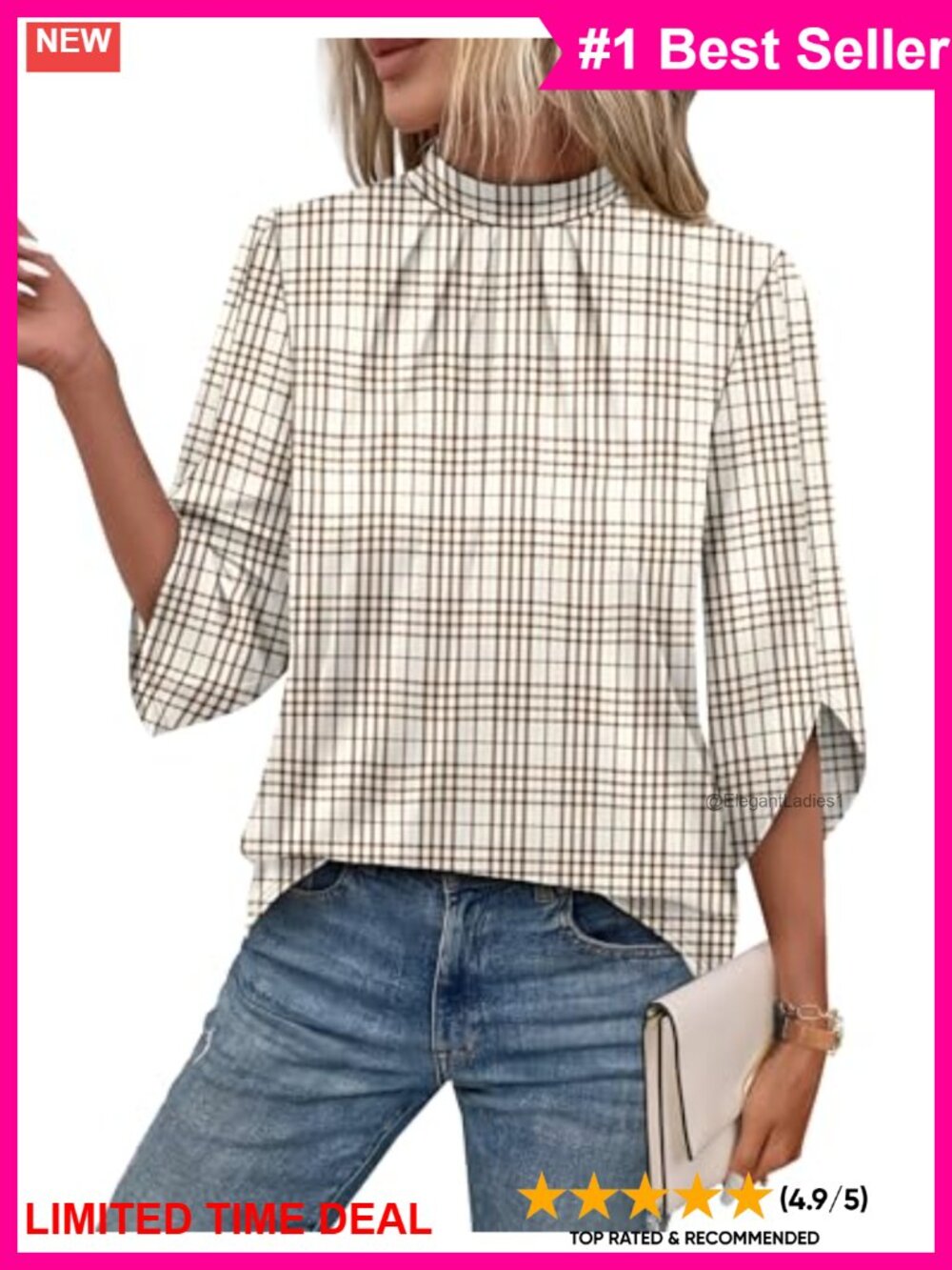 Womens 3/4 Sleeve Mock Neck Pleated Blouse Dressy Casual Top